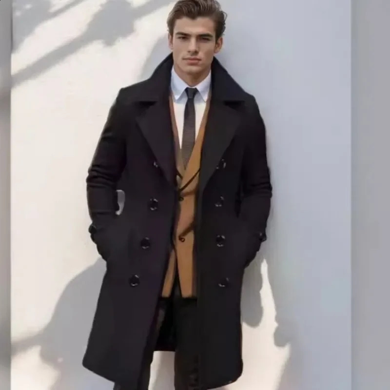 Men Double Breasted Trench Coat Wool Blend Autumn Winter Solid Casual Slim Fit Long Jacket Wool Coat Fashion Male Clothing 250827