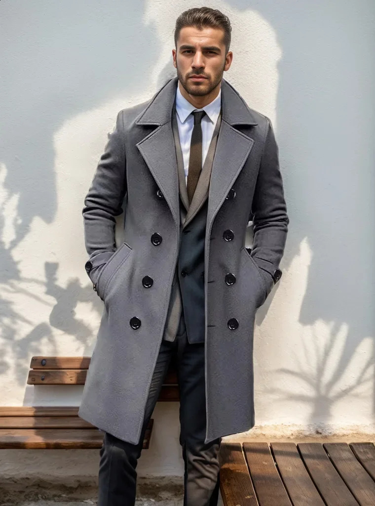 Men Double Breasted Trench Coat Wool Blend Autumn Winter Solid Casual Slim Fit Long Jacket Wool Coat Fashion Male Clothing 250827