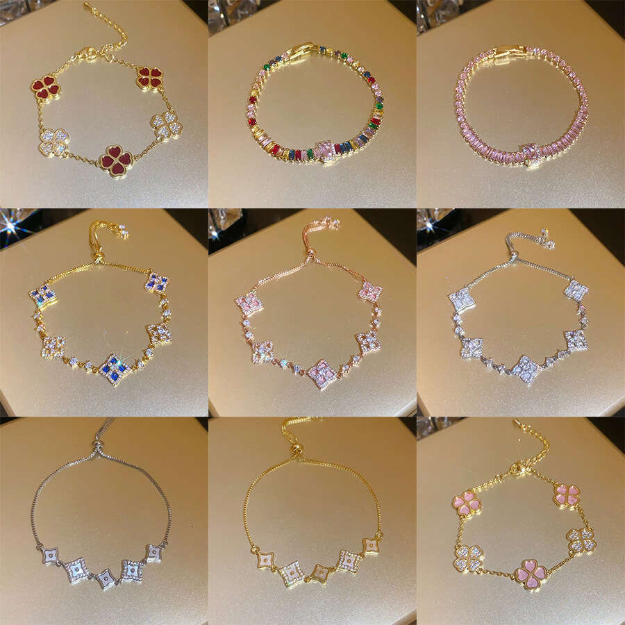 Luxury Designer For Women 4-leaf Clover Bracelet Single row tennis Chain Gold Zircon Shell Diamond Pullout High-End Versatile Commuter designer bracel