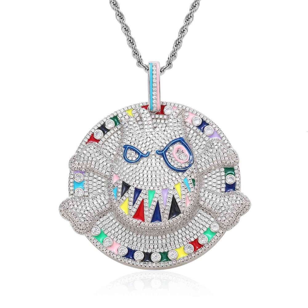 Cartoon Expression Pendant Micro Paved Zircon Purple Disc Ghost Face Skull Personality Exaggerated Hip Hop Necklace 78c8 028
