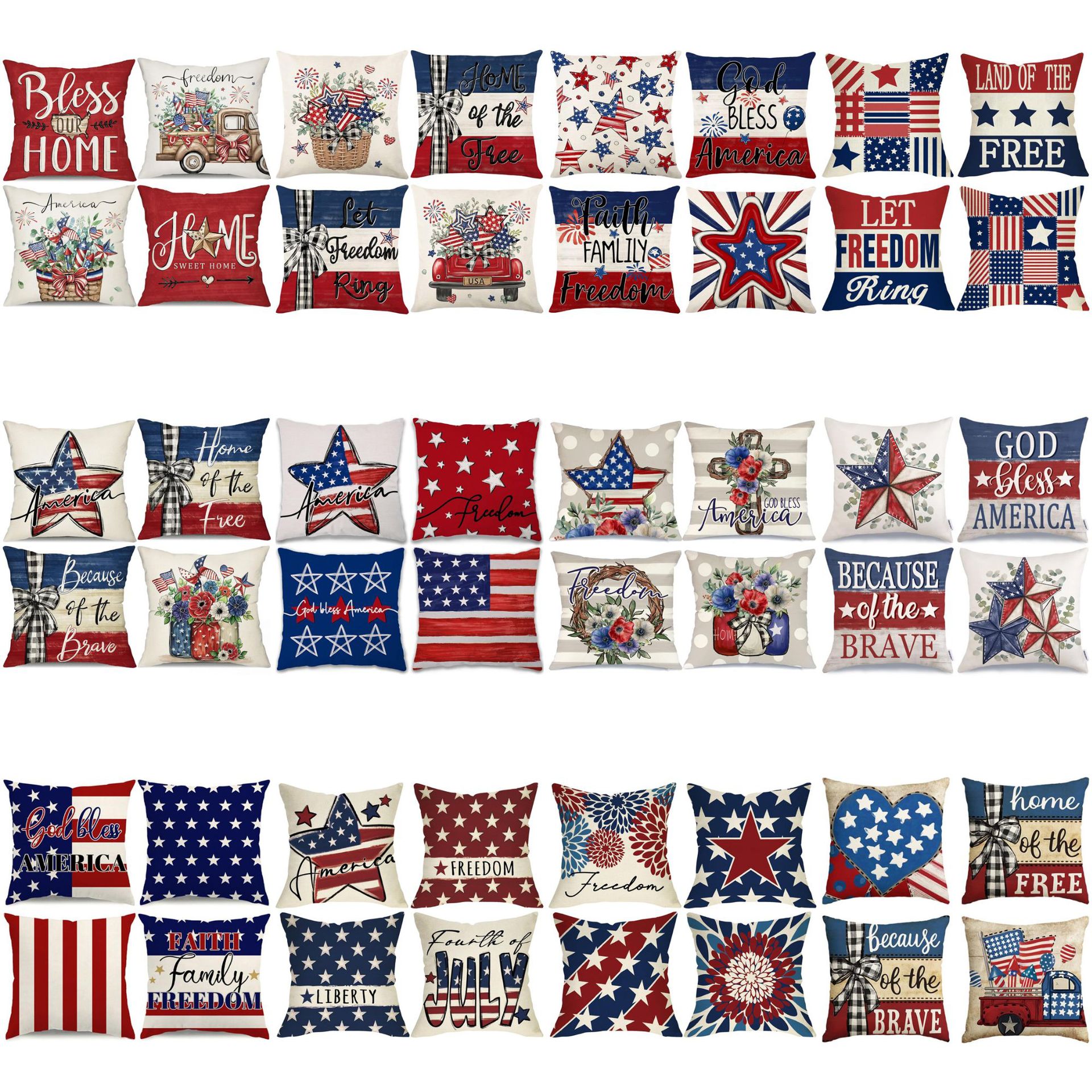 Hot Sale Independence Day Floral Red White Blue Pillowcase Linen Print Home Outdoor Sofa Decorative Cushion Cover
