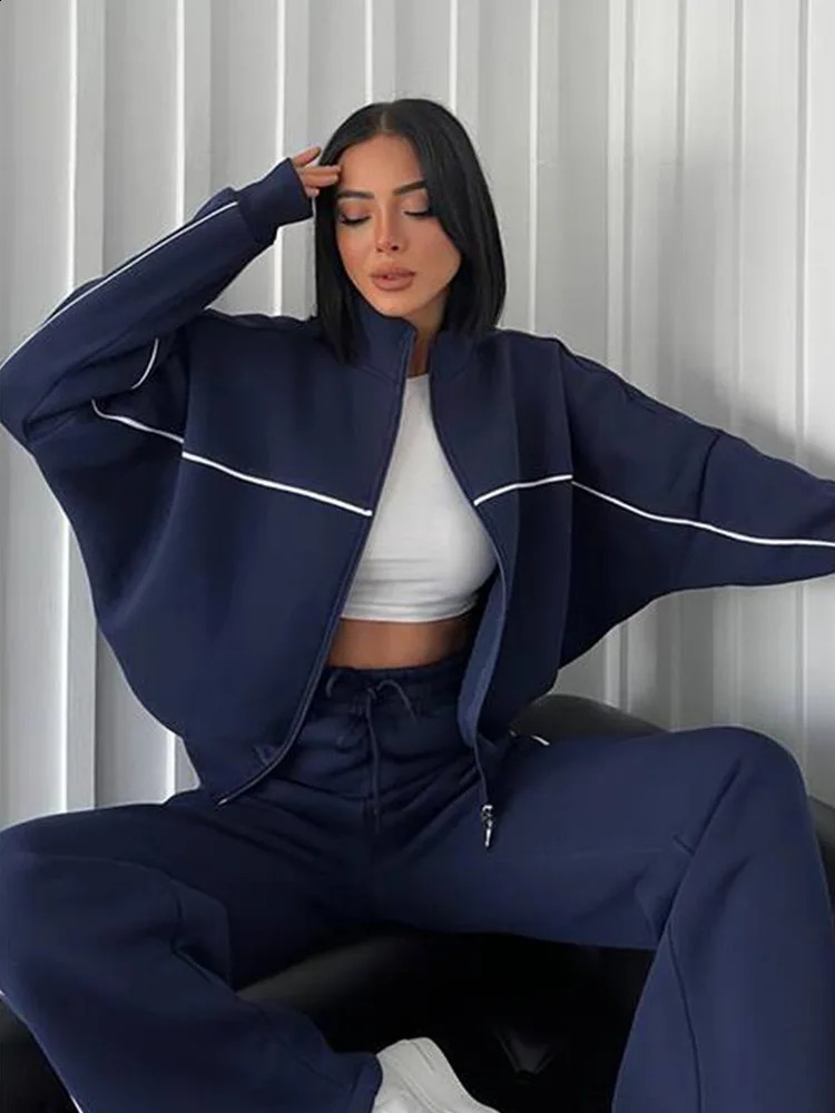 Casual Sports Suits Long Sleeved Half High Collar Cardigan Sweater Lace up Striped Pants Women Clothing Two Piece Set Tracksuit 250827