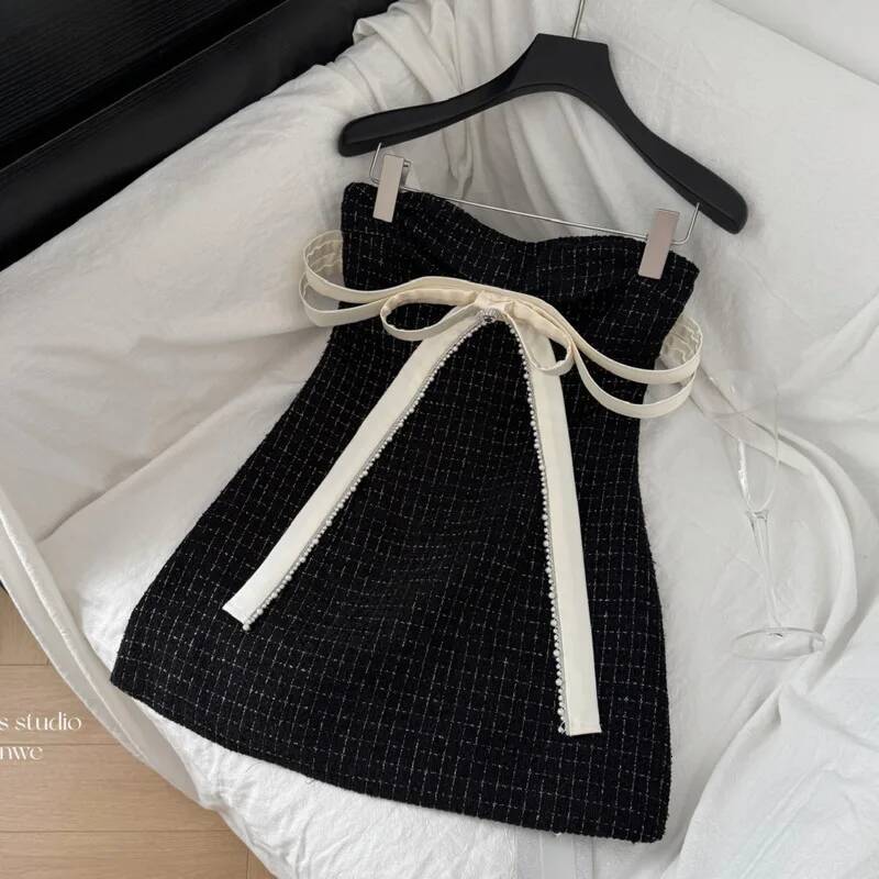 High Quality New Korean Sweet Bow Tweed Party Short Dresses For Women French Beading Backless Sexy Dress Vestidos Cortos dongdumaoyi