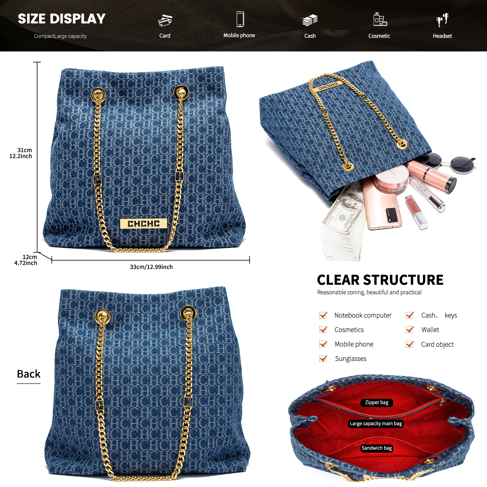 CHCH Chain Shoulder Strap Design Letter Printed Women's Shoulder Bag Vintage Hundred Classic Style Women's Handbag