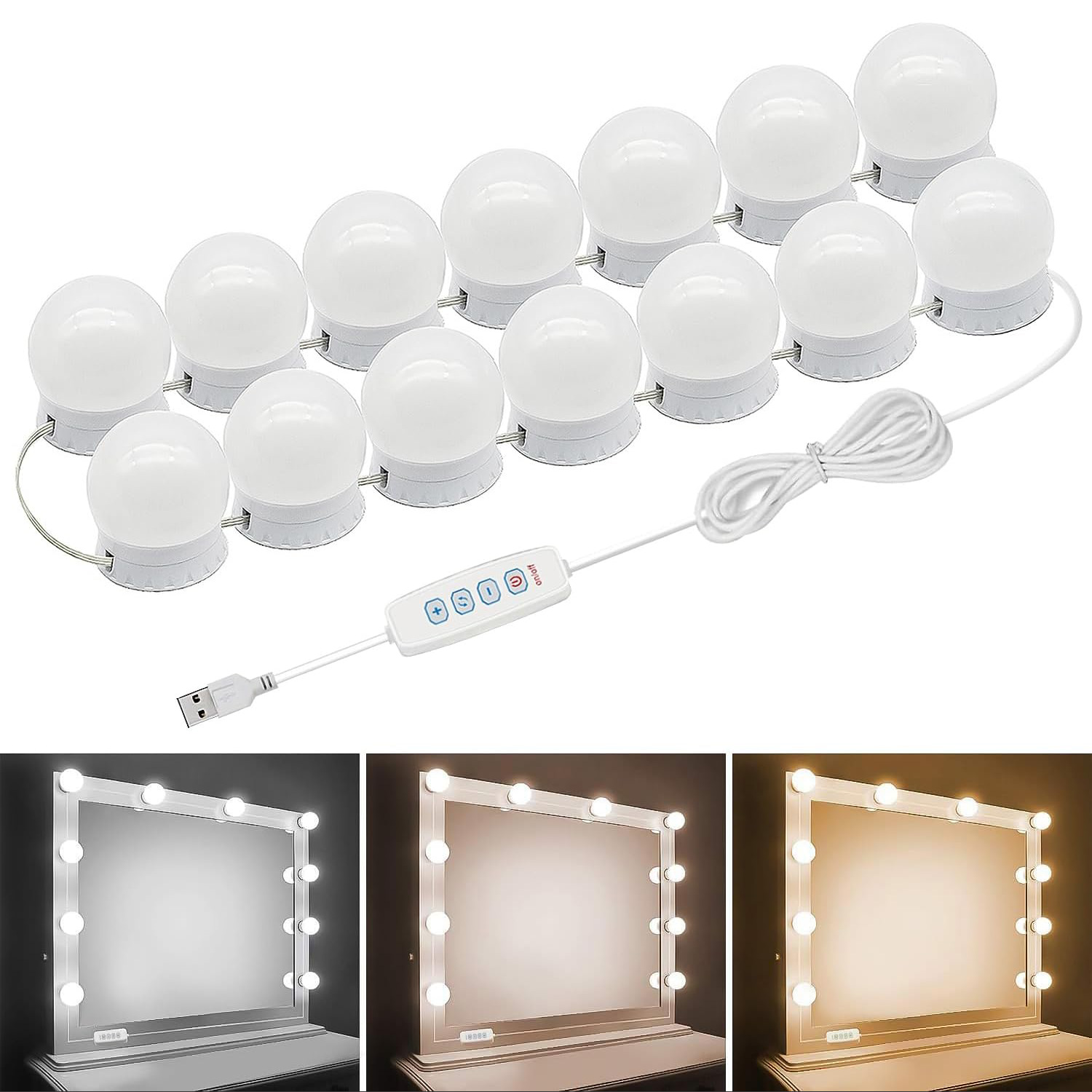 USB makeup lamp with LED, double-color diffused lighting, adhesive mounting, suitable for vanity mirror, Hollywood makeup mirror light, no drilling re