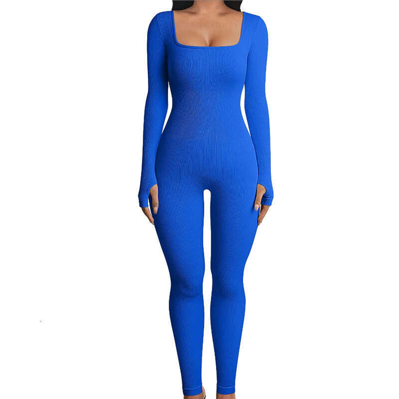 Women's One-Piece Long Yoga with Sleeves and Square Neck, Slim Fit Shaping Jumpsuit