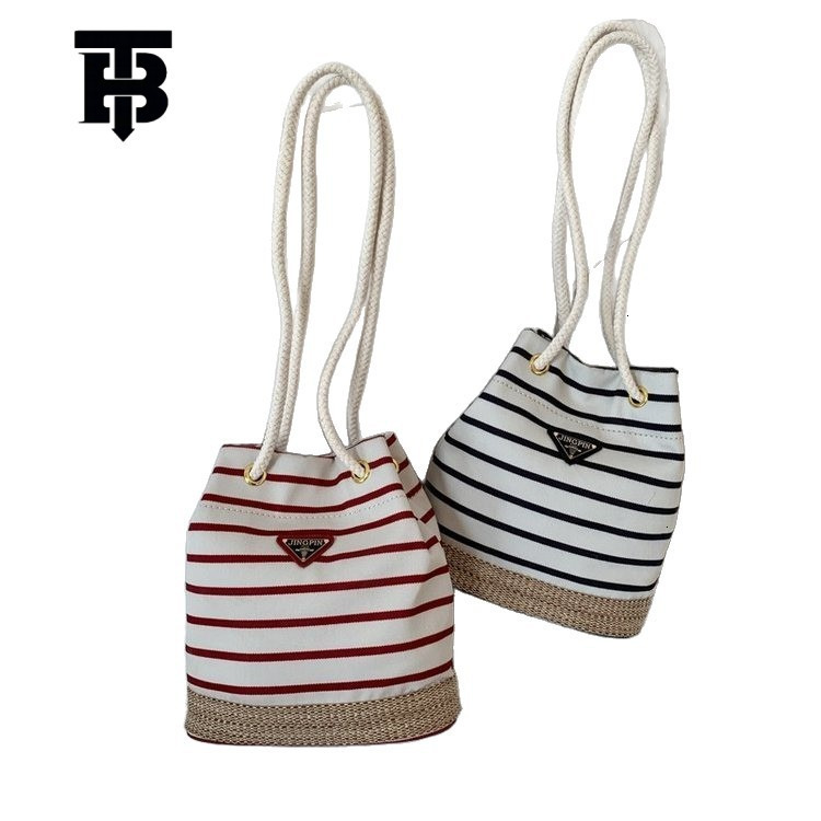 TB BHULAMTE Designer Luxury Women's Drawstring Striped Bucket Crossbody Bag Handbag Summer Versatile Retro Commuter Simple Texture Single Shoulde