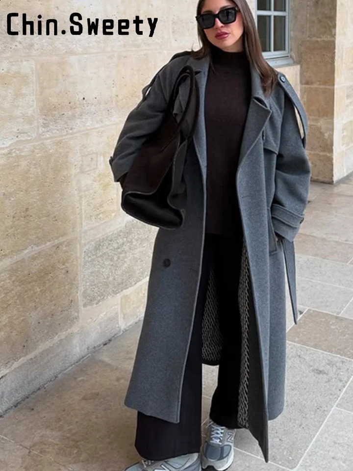 Elegant Grey Lapel Long Woolen Coats Women Buttons Double Breasted Pocket Lace Up Coat Autumn Winter Lady Thick Jackets 250826