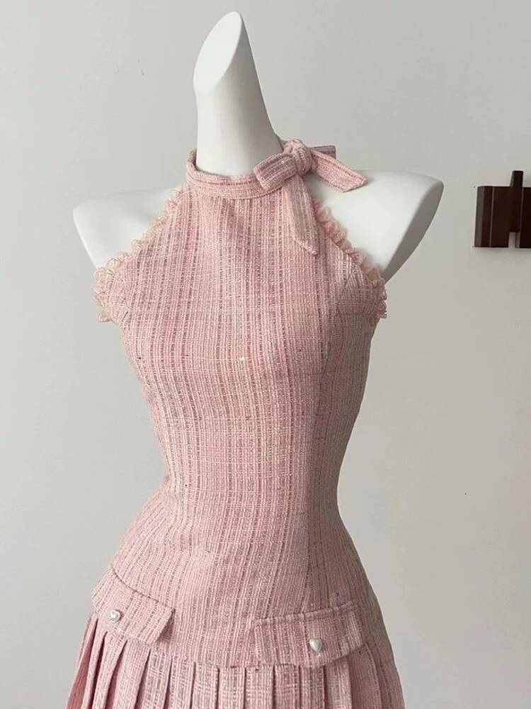 Elegant French Small Fragrant Halter Frocks Robe Tide Patchwork Bow Slim Girl Sweet Fashion A-Line Mini Dress dongdumaoyi