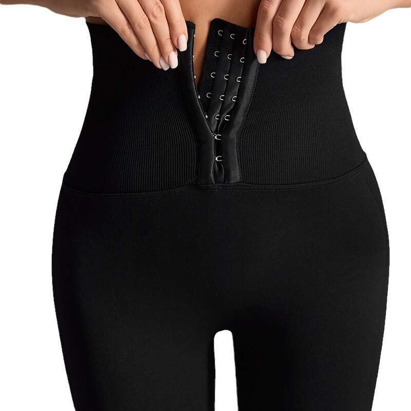 Seamless High-Waisted Buttoned Fitness Butt-Lifting Knitted Waist Trainer Sports Yoga Elastic Tummy Control Tight Pants for Women