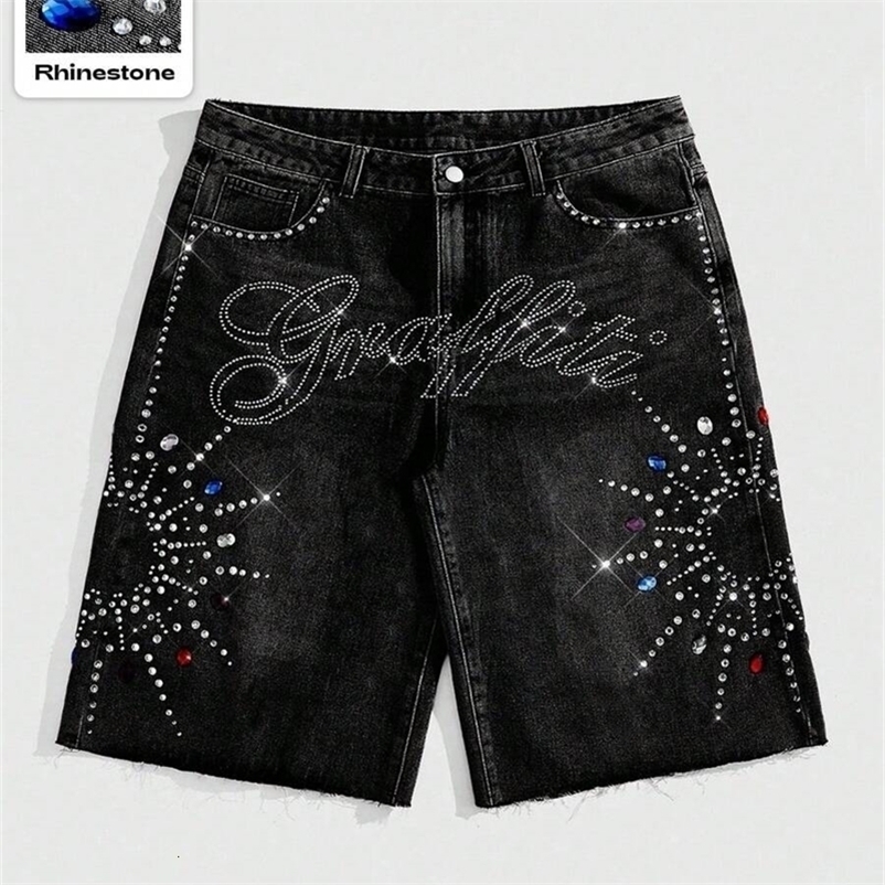 American Black Rhinestone Streetwear Denim Short Y2K Jeans Men Women Hip Hop Cartoon Graphics Loose Denim Fitness Casual Shorts 250826CJ