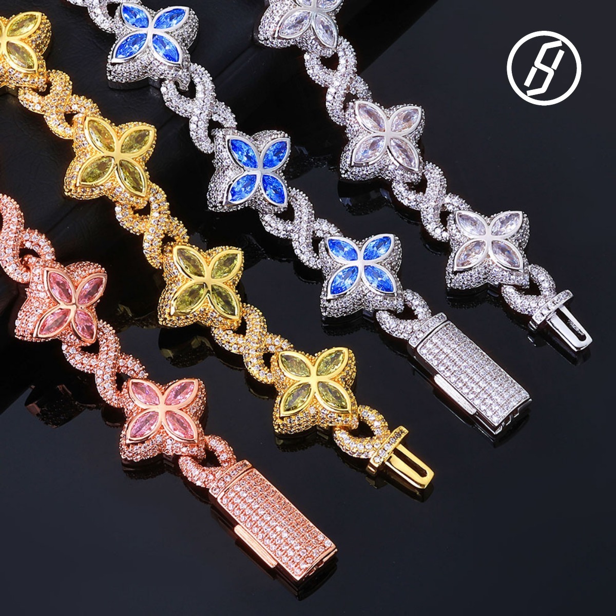 Hip-hop Four-leaf Clover Zircon Cuba Bracelet 8-character Chain Original Jewelry Wholesale Fast Delivery Z260313