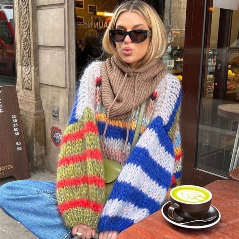 Rainbow Striped Sweater Round Neck Loose Color Contrast Casual Pullover Soft Waxy Thick Knit Sweaters Fashion Women Knitwear Top 250826