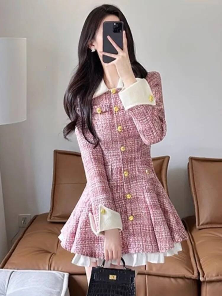 Autumn Plaid Patchwork Tweed Short Dress Women Small Fragrance Single Breasted A-line Pleated Vestidos Elegant Party Prom Mujer dongdumaoyi