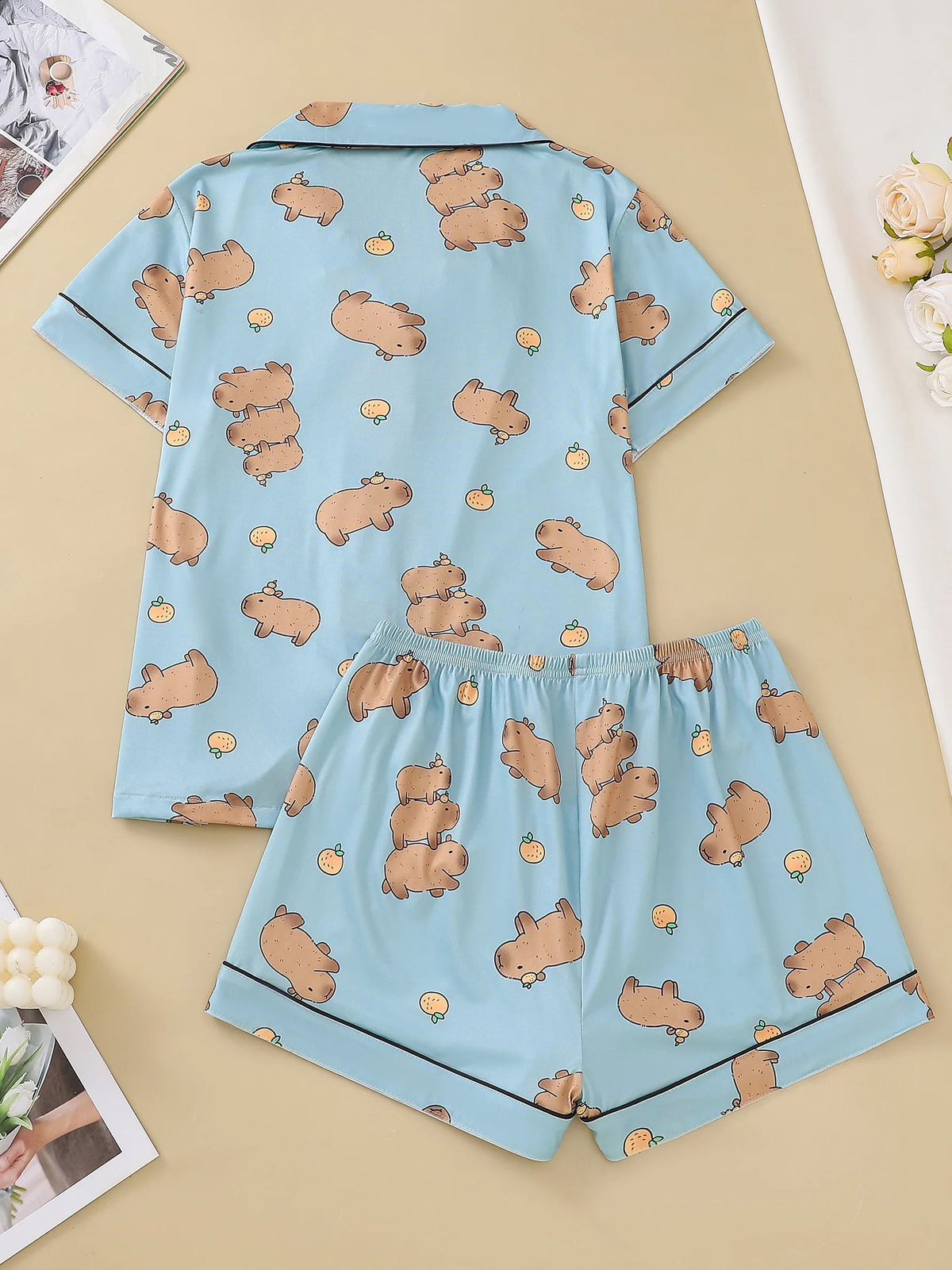 Women 2Piece Cute Capybara Fun Print Pajama Set Short Sleeve Btn Shirt Soft Stretch Shorts Party Loungewear Comfy Sleepwear 250827