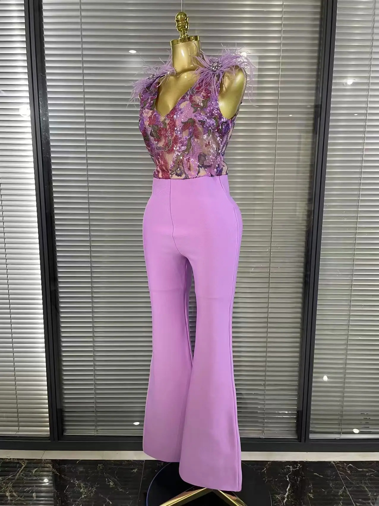 Light Purple Women Sleeveles Sexy VNeck Shinning Sequins Feathers Bodycon Bandage Long Jumpsuit Nightclub Party Celebrate Wear 250826