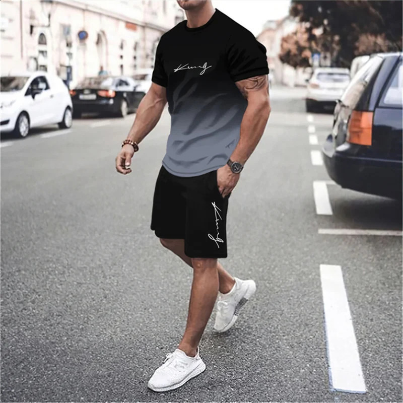 The latest 3D gradient Tshirt and shorts set mens short sleeved Oneck top casual fashionable skateboarding sportswear 250826