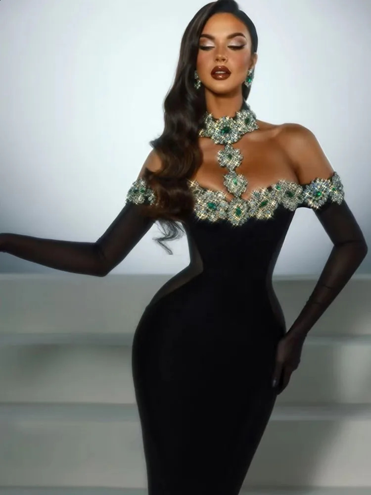 Summer Bandage Dress Women Celebrity Sexy Diamonds Crystal Black Maxi Long Bodycon Elegant Evening Club Party 250827