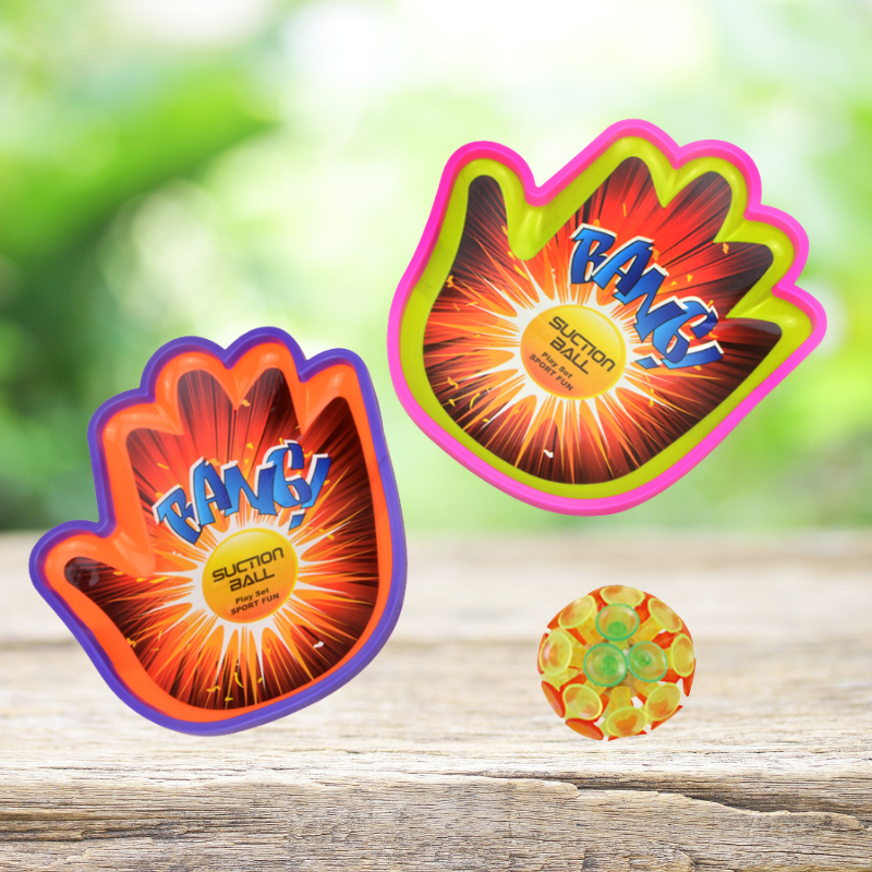 Colorful Kids' Suction Cup Paddle Ball Set - Orange and Green Palm-shaped Paddles with Bouncing Ball