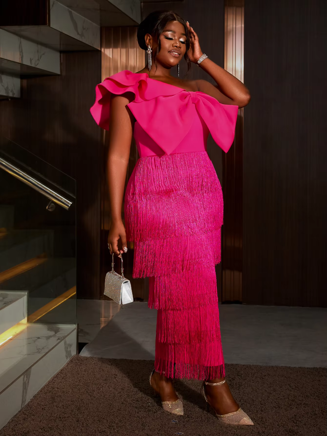 AOMEI Evening Long Gown Large Bow Tassel One Shoulder Short Ruffle Sleeve Plus Size Dress AM041017