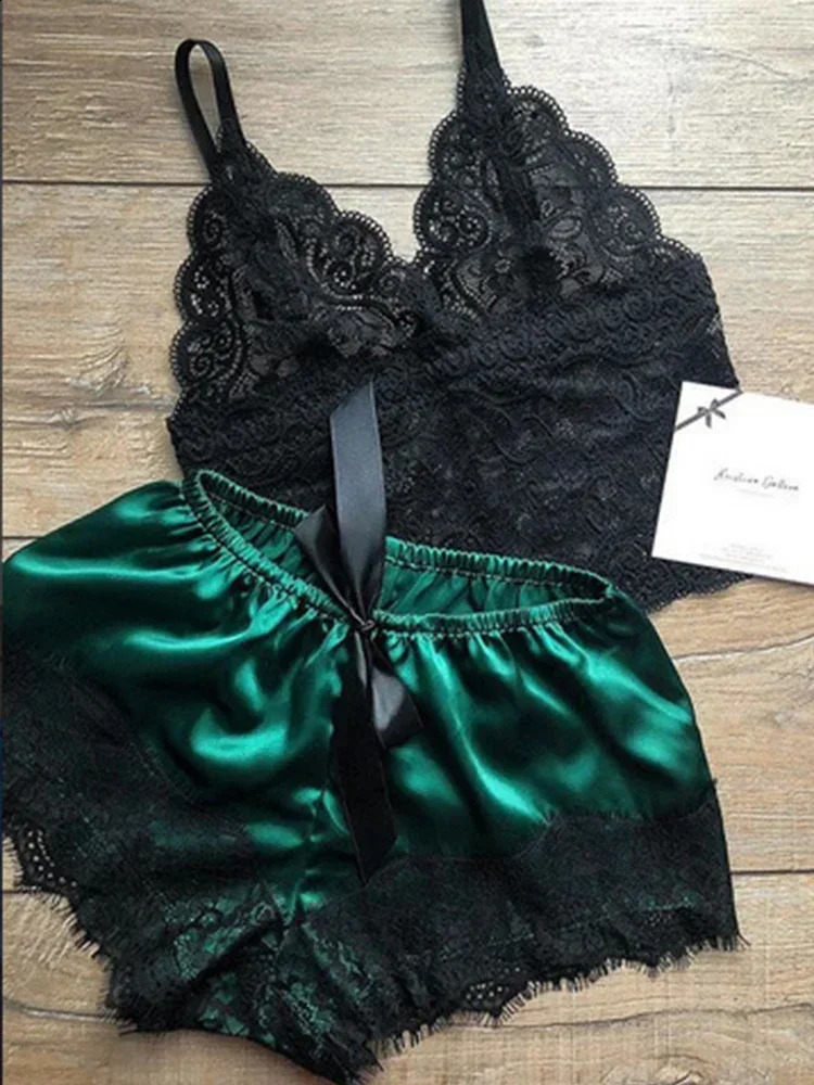 2 Pieces Pajamas Set for Women Sleepwear Sexy Lingerie Lace Silk Crop Tops and Shorts Sets Casual Nightwear Pijamas 250827