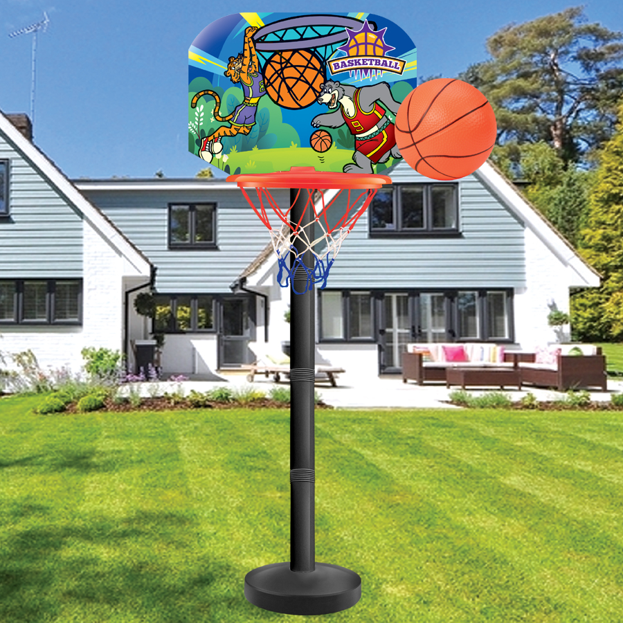 Kids Adjustable Basketball Hoop Set - Cartoon Tiger & Bear Design, with Ball and Pump