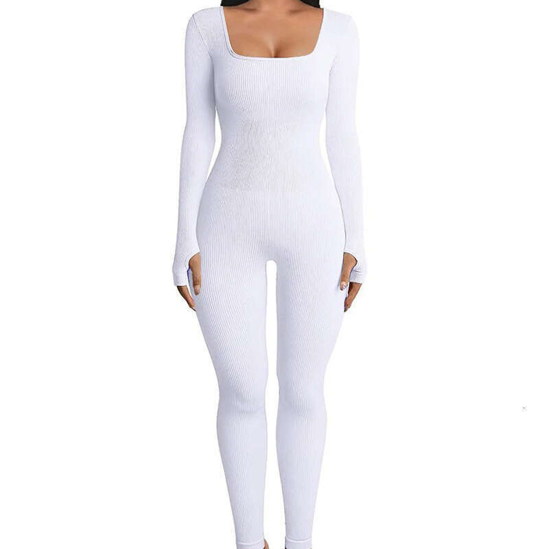 Women's One-Piece Long Yoga with Sleeves and Square Neck, Slim Fit Shaping Jumpsuit