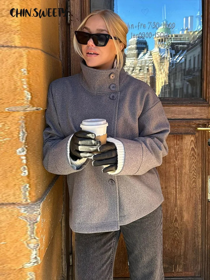 Fashion Womens Stand Collar Woolen Coats Long Sleeve Loose Female Short Coat 2025 Autumn Winter Office Lady Street Jacket 250826