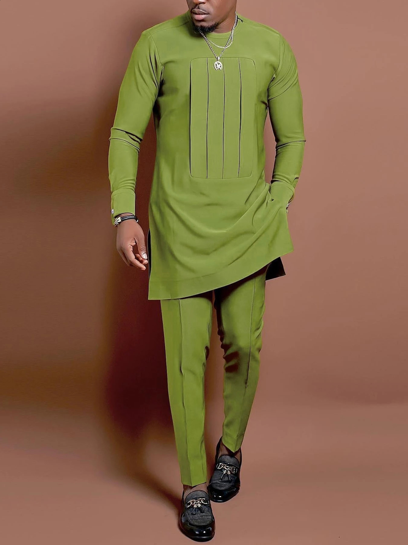 Kaftan Mens Set African Clothing Men Suit Solid Color Embroidered Top and Sweatpant 2Pcs Festive Wedding Simple 250826