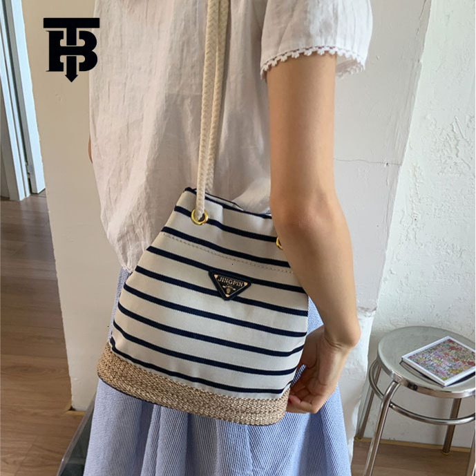 TB BHULAMTE Designer Luxury Women's Drawstring Striped Bucket Crossbody Bag Handbag Summer Versatile Retro Commuter Simple Texture Single Shoulde