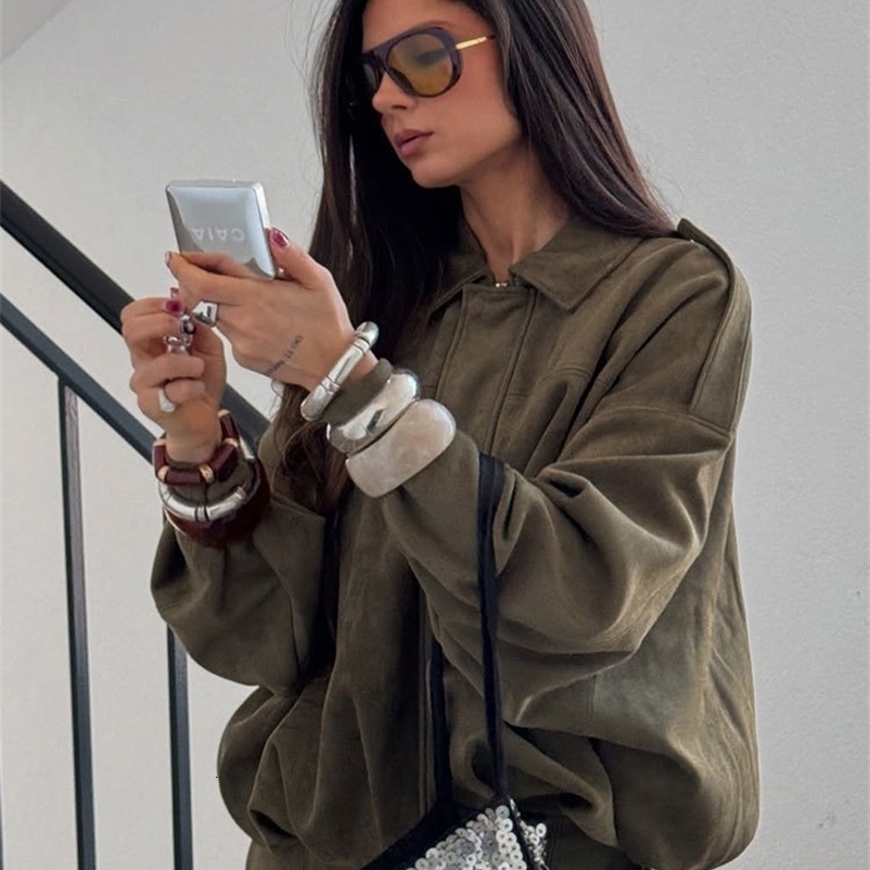 TRAFZA Women Brown Green Suede Jacket Loose Casual Bomber Coat Lapel Zipper Long Sleeve Jackets Vintage Lady Motorcycle Outwears 250827