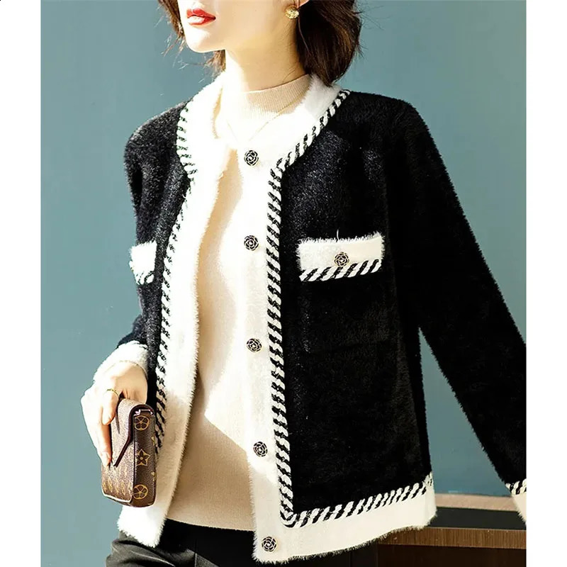 Autumn Winter Lady Round Neck Mink Fur Coat Women Color Collision Knitted Cardigan 2024 Female Long Sleeves Sweater y250827
