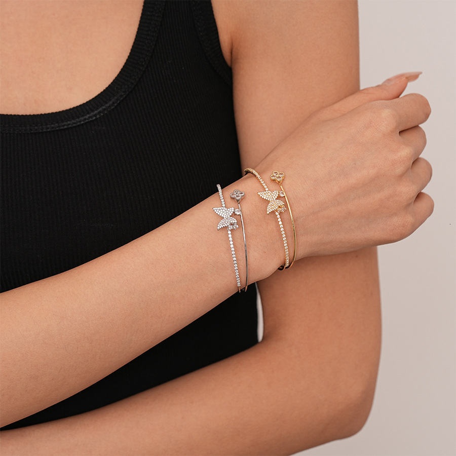 Metallic Style Zircon Butterfly Flower Double Layer Open Bracelet Simple High-end Sense Elegant Geometric Jewelry for Women - view 5