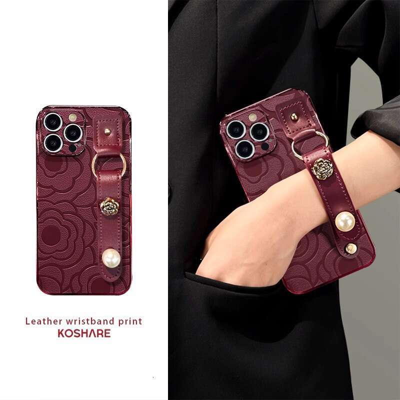 Camellia Leather Texture Wrist Strap Compatible with Apple 16 Pro Phone Case 15 Electroplated Sheepskin 14 Premium Feel 13 Shockproof 7/8