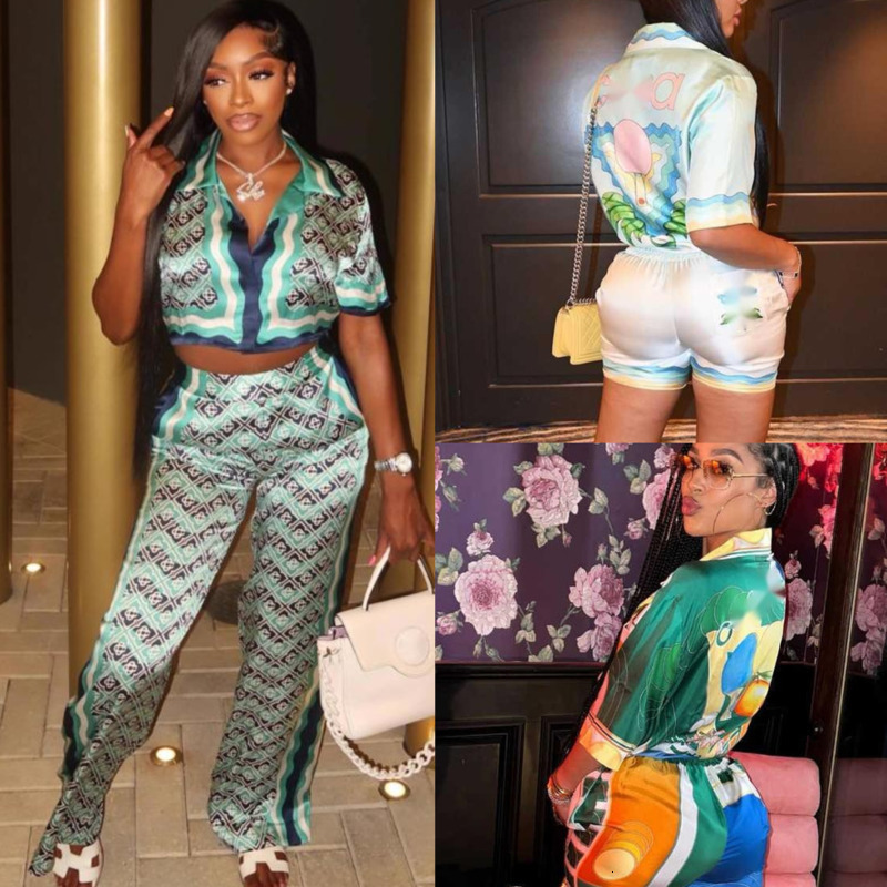 New Women Tracksuits Beach Resort Style Fashion Print Shirt Single Button Short Sleeve Shirts Two Piece Set Matching Outfit