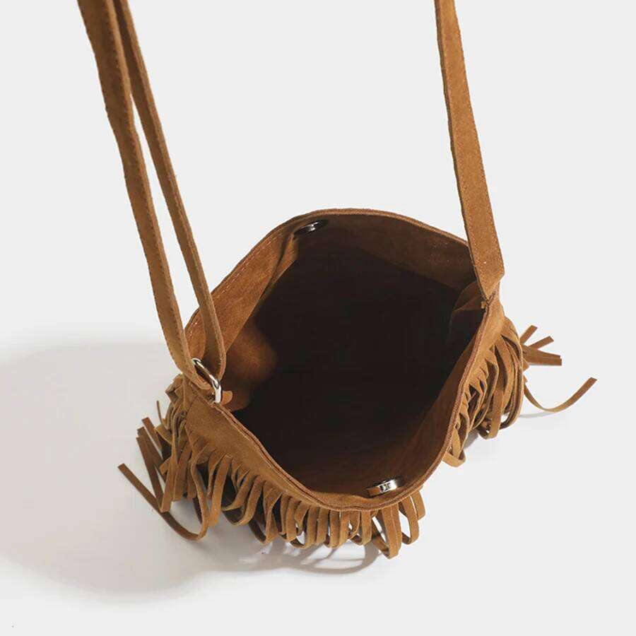 Designer Bags Vintage Suede Tassel Crossbody Bags, Women's Versatile Shoulder Bag, Boho Style Fringe Square Purse, Handbags For Daily Travel Luxu