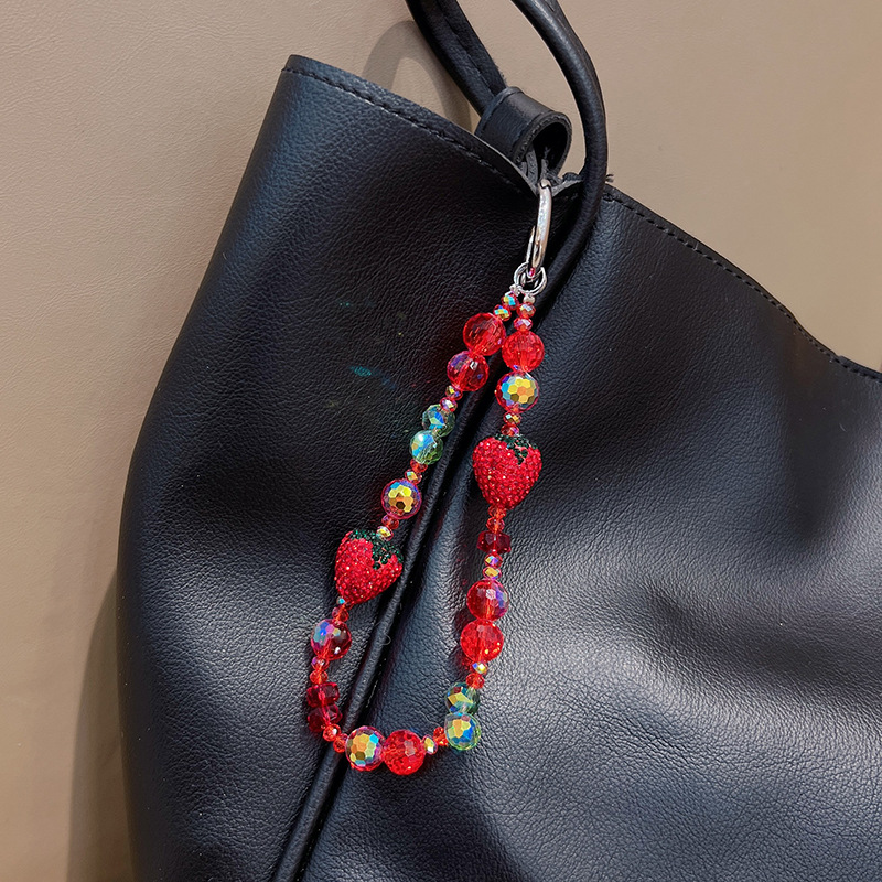 Strawberry Bead Bag Charm Bear Crystal Bracelet Key Chain Wristlet Car KeyChain Hand Woven Cord Sports Beaded Keychains Pearl Chain Leather Sherina Pu