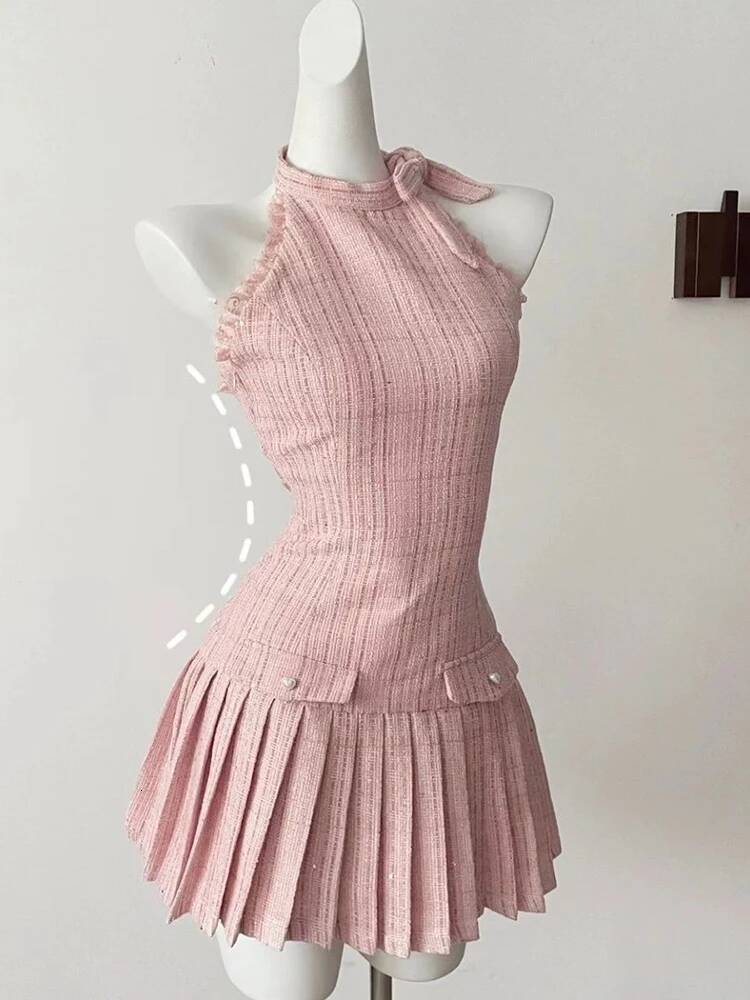 Elegant French Small Fragrant Halter Frocks Robe Tide Patchwork Bow Slim Girl Sweet Fashion A-Line Mini Dress dongdumaoyi