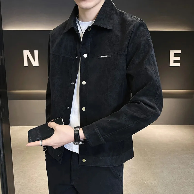 Mens Spring Autumn Jacket Trendy High End Lapel Suede Ruffian Handsome Coat Casual Business Outerwear 250826