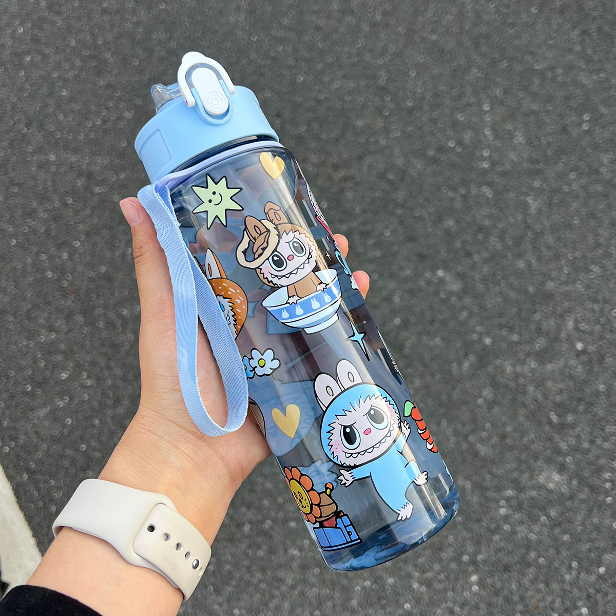 Popular cute children's straw water cup high value student with handle large capacity portable cartoon Colorful Labubu Sports Water Bottle Portab