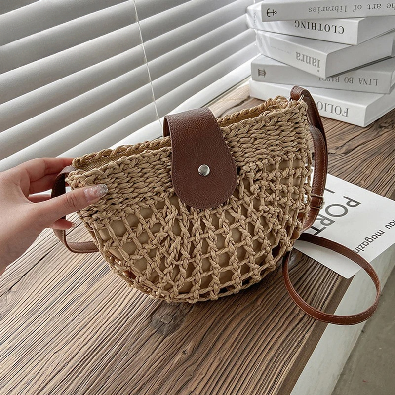 Luxury Handbag Yogodlns Summer Straw Bag For Women Fashion Semicircle Crossbody Rattan Handmade Messenger Handbag Travel Beach Bags Tote Handbag