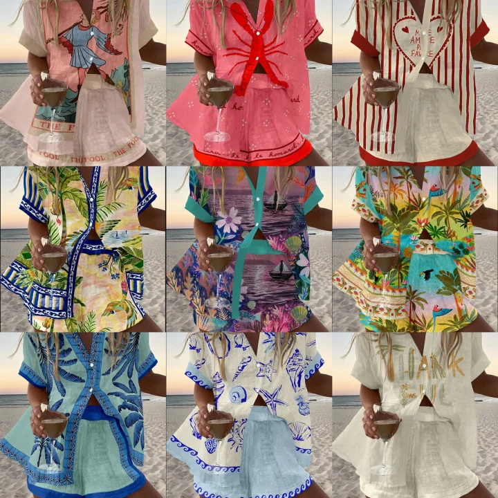 Women's Tracksuits Fashion Print Beach Holiday 2 Piece Set Women Summer Short Sleeve Shirt Top Wide Legs Shorts Oversize Two Outfit