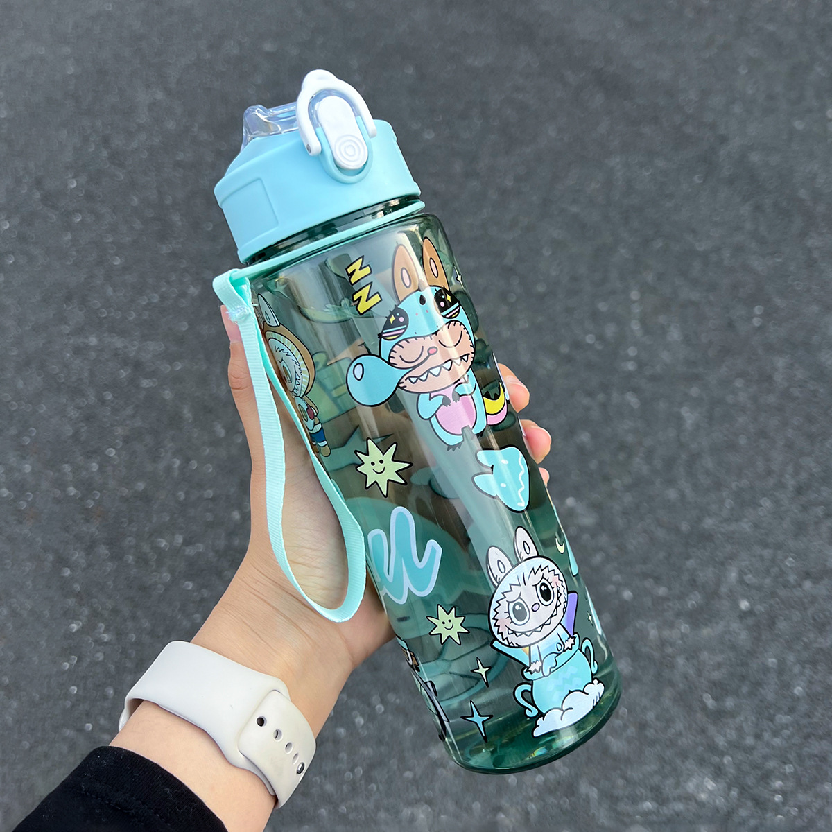 Popular cute children's straw water cup high value student with handle large capacity portable cartoon Colorful Labubu Sports Water Bottle Portab