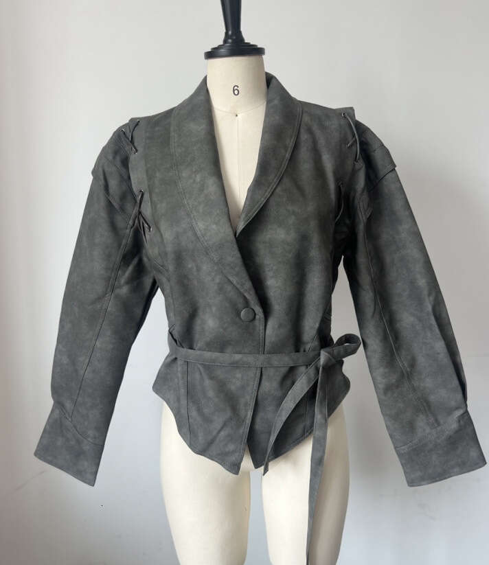 2024 New Versatile Faux Leather Jacket With Tie V-Neck Street Fashion