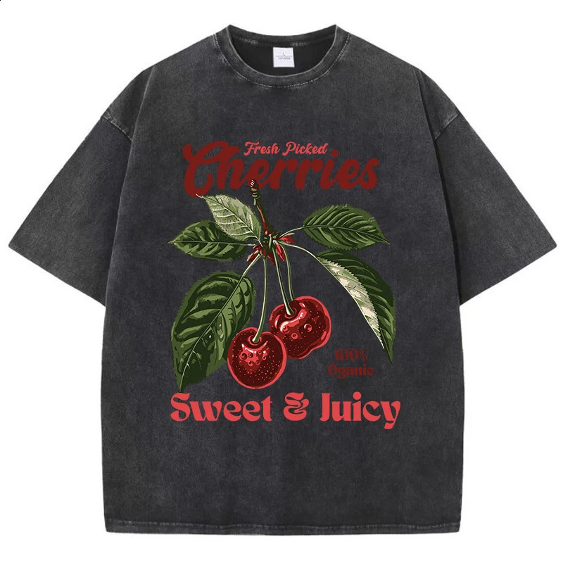 Fresh Picked Cherries Cottonwashed T Shirts Women Sweet Fruit Print TShirt Distressed Oversize ONeck Tops Street Woman Clothes 250827