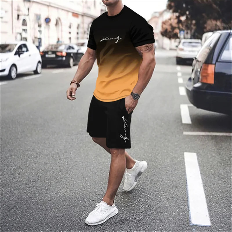 The latest 3D gradient Tshirt and shorts set mens short sleeved Oneck top casual fashionable skateboarding sportswear 250826