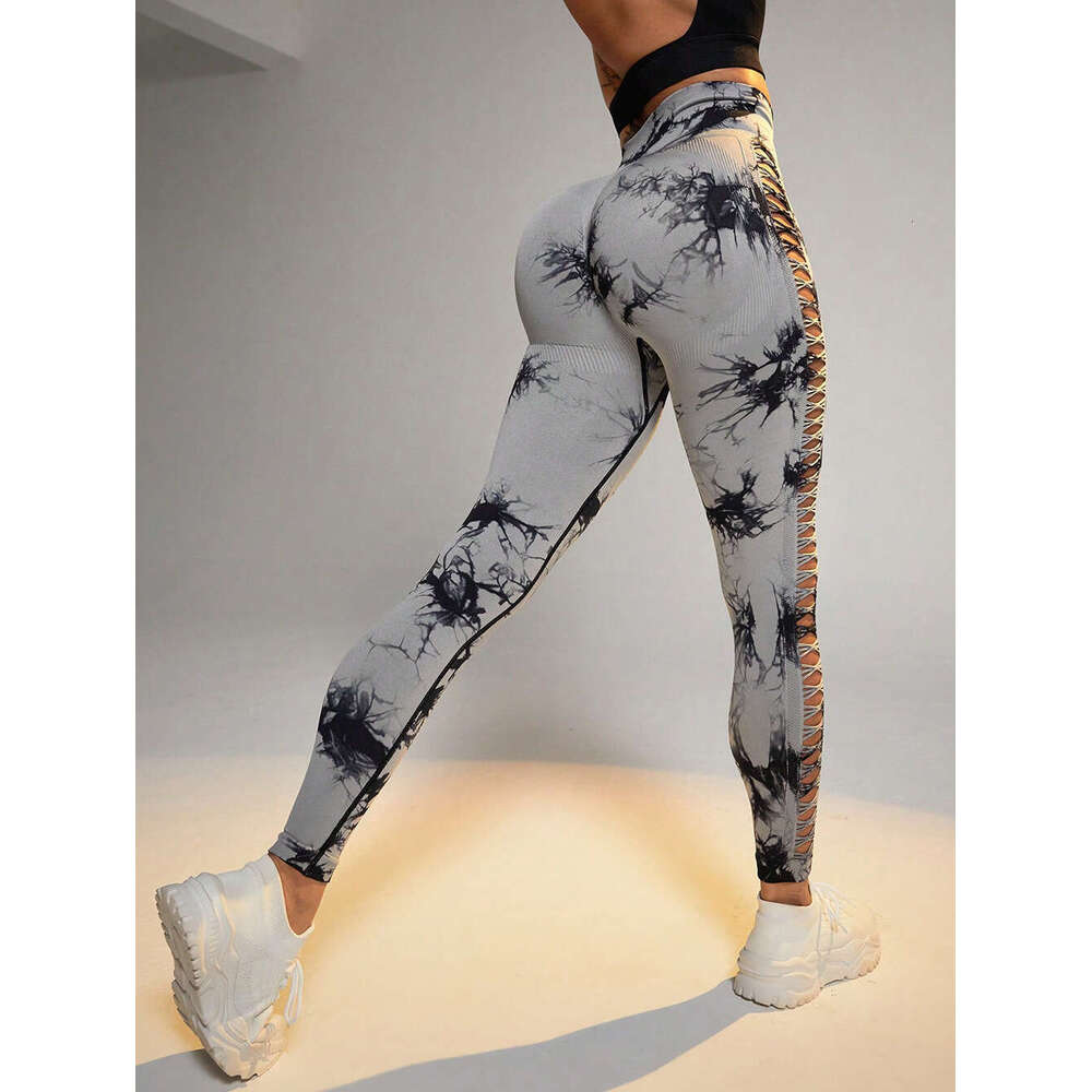 Outdoor Hollow High Waist Peach Hip Lift Sports Fitness Pants Breathable Tie-Dye Seamless Yoga Wear for Women