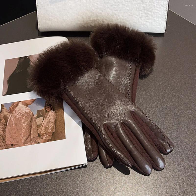Five Fingers Gloves Five Fingers Gloves Womens PU Leather For Cold Weather Winter Warm With Faux Fur Trim Cuff Thermal Lining Party