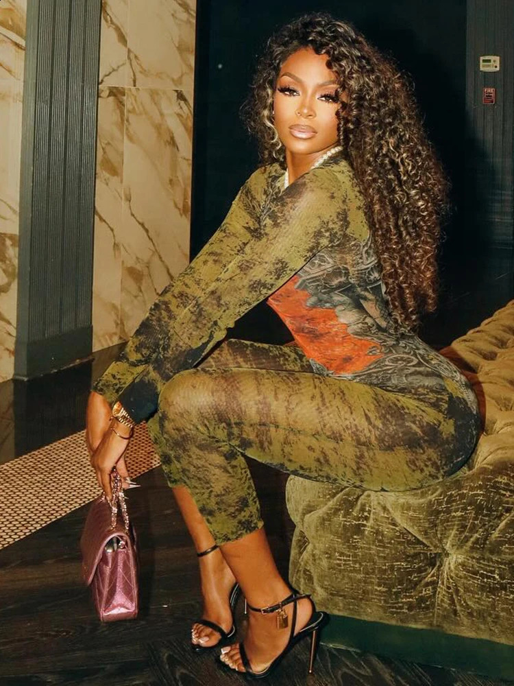 Weird Puss TieDye Print Jumpsuit Women Fitness Stretch Tight Sexy oNeck Full Sleeve Skinny Streetwear Autumn Zip Slim Overalls 250826