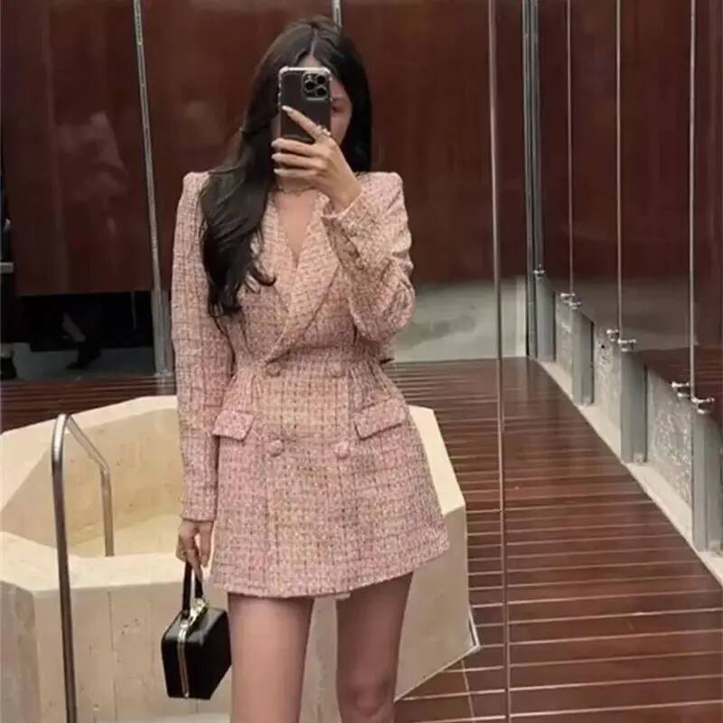 Korean Elegant Women Weave Plaid Tweed Mini Autumn Winter New Fashion Double Breasted Office Lady Slim Party Dress 344P dongdumaoyi